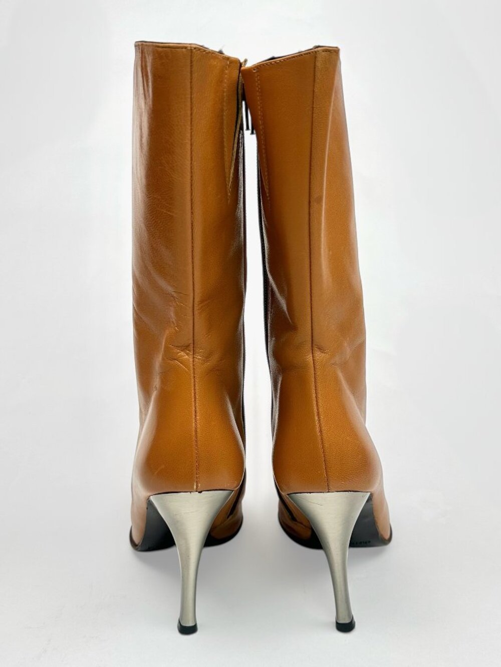 Charles David Cognac Spanish Leather Knee High Pointed Toe Metal Heel Boots - Picture 3 of 8